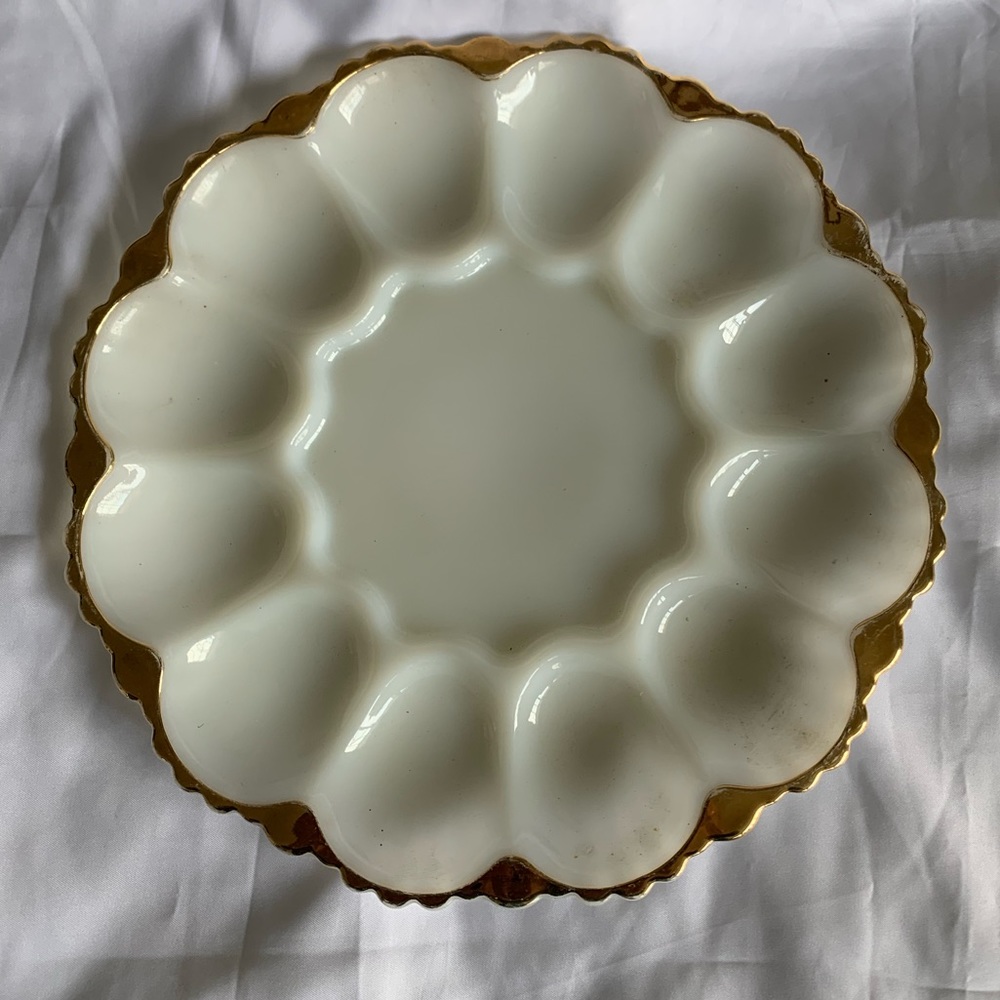 2 Vintage Anchor Hocking Milk Glass Deviled Egg Plate